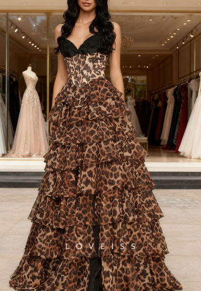Sweetheart Leopard Printed Chiffon Tiered A-Line Prom Dress
