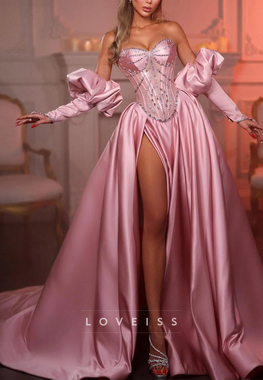 Sweetheart Long Sleeeves Beaded Pleated A-Line Prom Dress