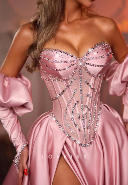 Sweetheart Long Sleeeves Beaded Pleated A-Line Prom Dress