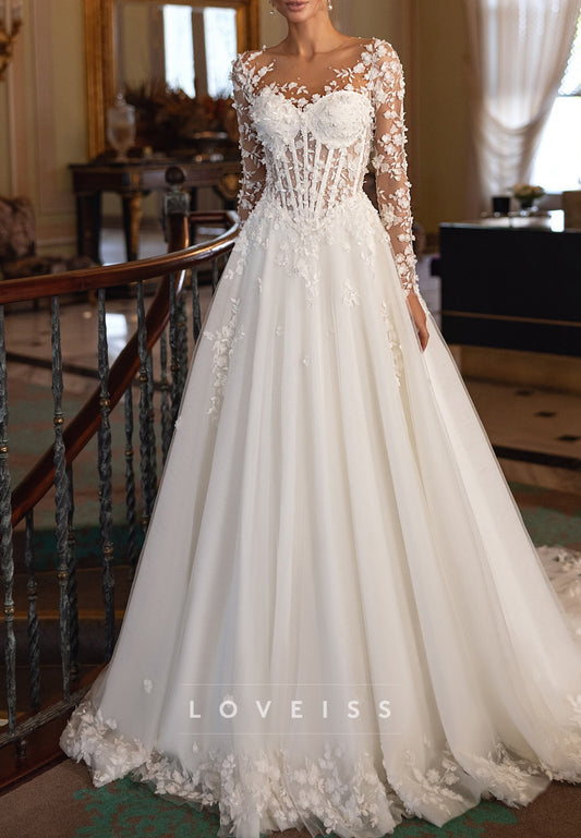 Sweetheart Long Sleeves Appliques Ball Gown Wedding Dress