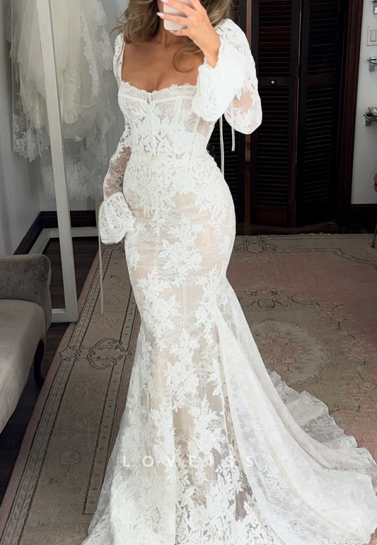 Sweetheart Long Sleeves Appliques Mermaid Wedding Dress