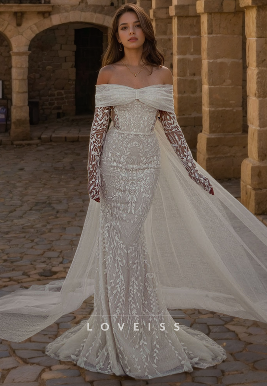 Sweetheart Long Sleeves Appliques Mermaid Wedding Dress