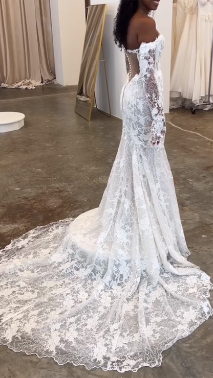 Sweetheart Long Sleeves Appliques Mermaid Wedding Dress