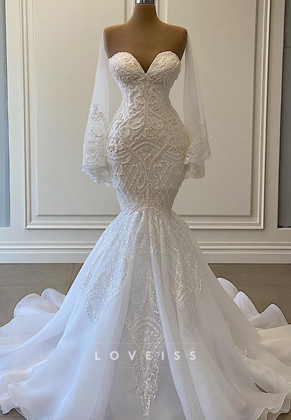 Sweetheart Long Sleeves Appliques Mermaid Wedding Dress