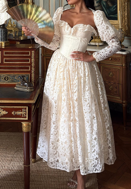Sweetheart Long Sleeves Appliques Midi Vintage A-Line Wedding Dress