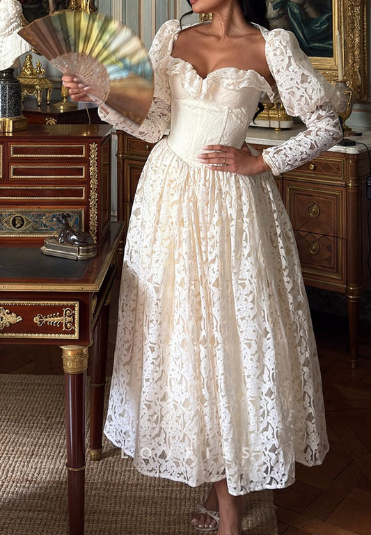 Sweetheart Long Sleeves Appliques Midi Vintage A-Line Wedding Dress