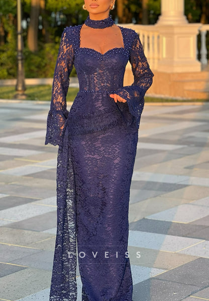 Sweetheart Long Sleeves Appliques Pearl Sheath Prom Dress