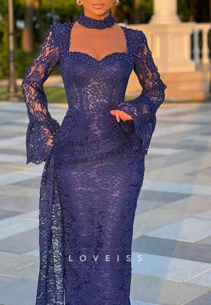 Sweetheart Long Sleeves Appliques Pearl Sheath Prom Dress