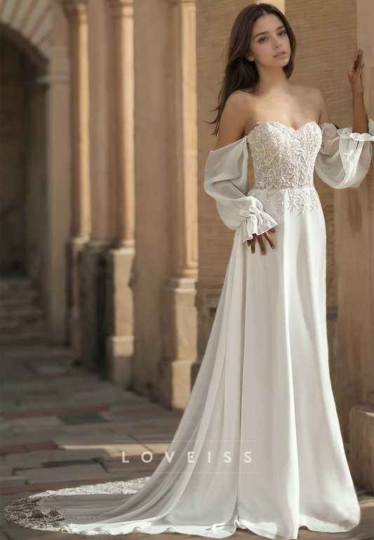 Sweetheart Long Sleeves Appliques Sleek A-Line Wedding Dress