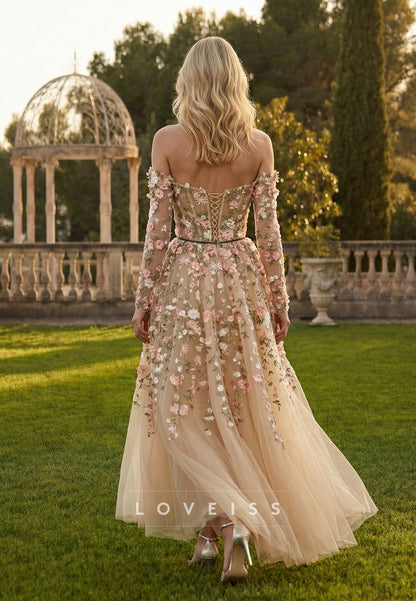 Sweetheart Long Sleeves Appliques Tulle Prom Dress