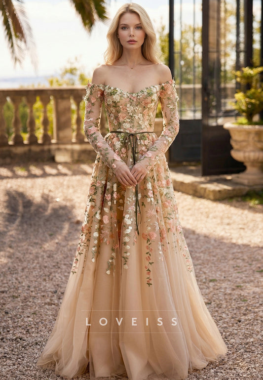 Sweetheart Long Sleeves Appliques Tulle Prom Dress