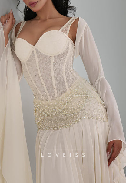 Sweetheart Long Sleeves Beaded Chiffon A-Line Evening Dress