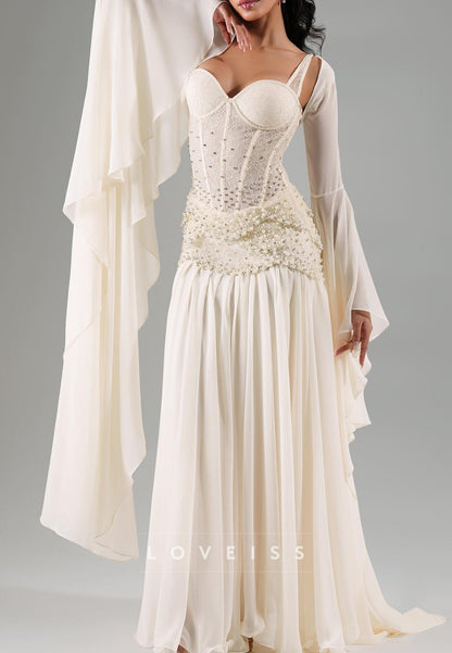 Sweetheart Long Sleeves Beaded Chiffon A-Line Evening Dress
