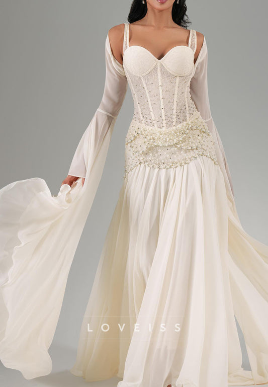 Sweetheart Long Sleeves Beaded Chiffon A-Line Evening Dress