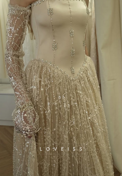 Sweetheart Long Sleeves Beaded Embroidery A-Line Prom Dress