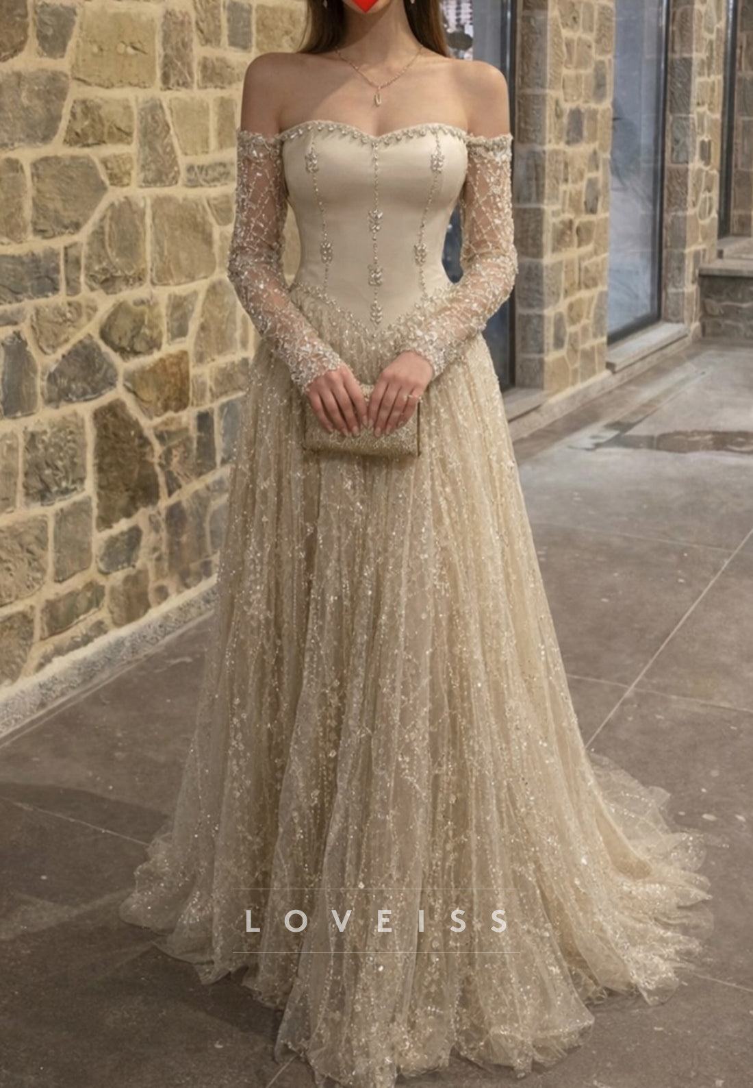 Sweetheart Long Sleeves Beaded Embroidery A-Line Prom Dress