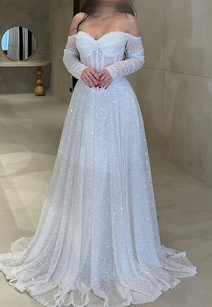 Sweetheart Long Sleeves Beaded Embroidery A-Line Sparkly Wedding Dress