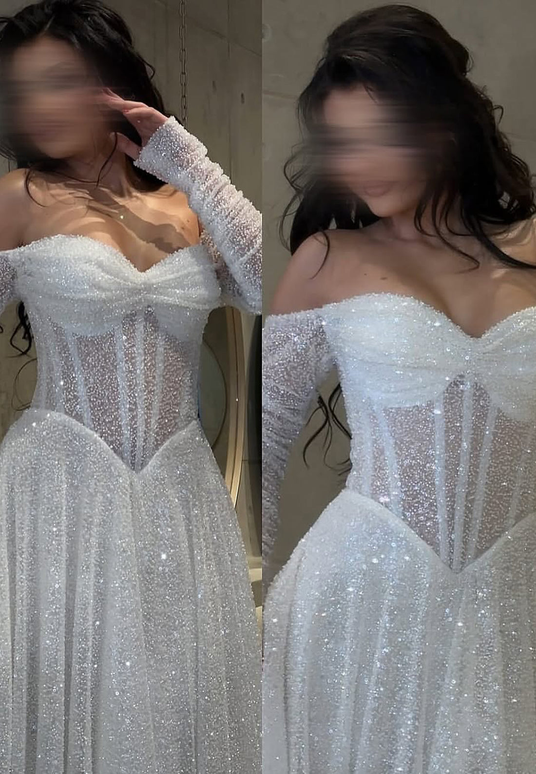 Sweetheart Long Sleeves Beaded Embroidery A-Line Sparkly Wedding Dress