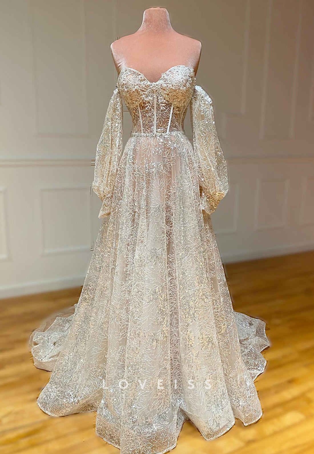 Sweetheart Long Sleeves Beaded Embroidery A-Line Wedding Dress