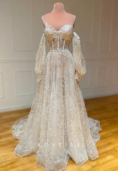 Sweetheart Long Sleeves Beaded Embroidery A-Line Wedding Dress