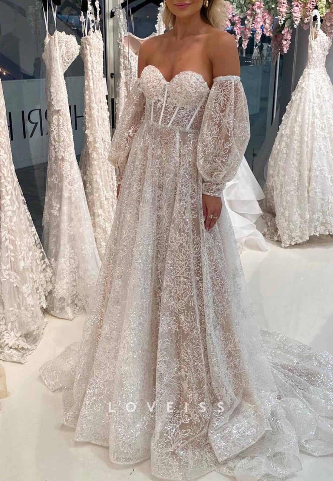 Sweetheart Long Sleeves Beaded Embroidery A-Line Wedding Dress