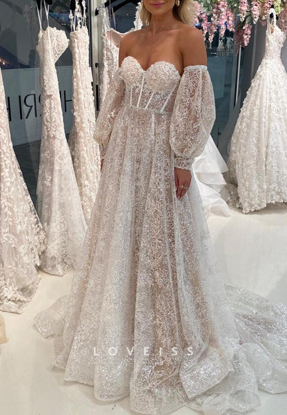 Sweetheart Long Sleeves Beaded Embroidery A-Line Wedding Dress