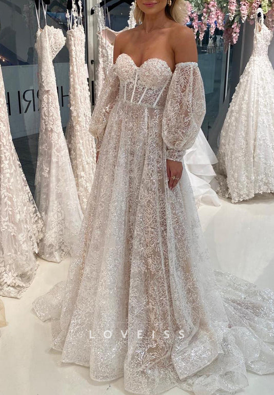 Sweetheart Long Sleeves Beaded Embroidery A-Line Wedding Dress