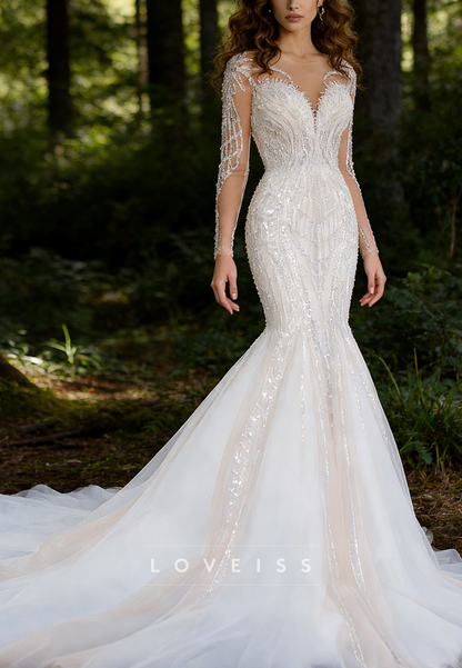Sweetheart Long Sleeves Beaded Embroidery Mermaid Wedding Dress
