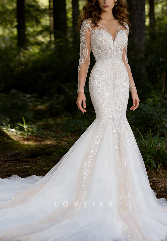 Sweetheart Long Sleeves Beaded Embroidery Mermaid Wedding Dress