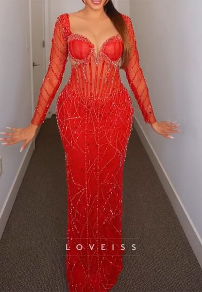 Sweetheart Long Sleeves Beaded Embroidery Sparkly Mermaid Prom Dress