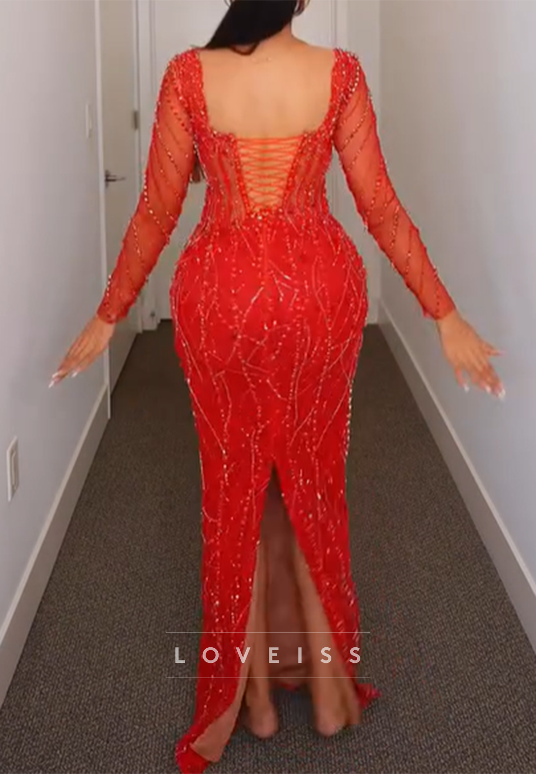 Sweetheart Long Sleeves Beaded Embroidery Sparkly Mermaid Prom Dress