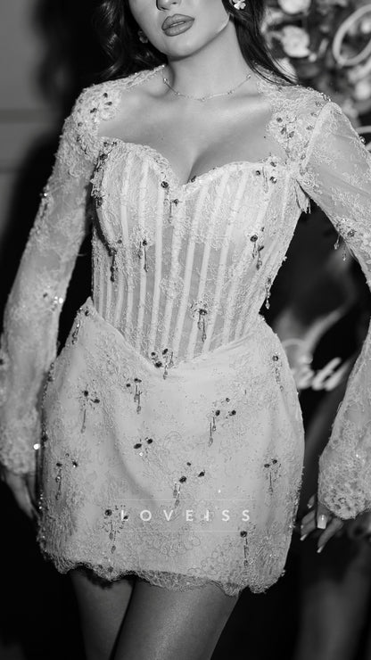 Sweetheart Long Sleeves Beaded Fringe Lace Short Wedding Dress