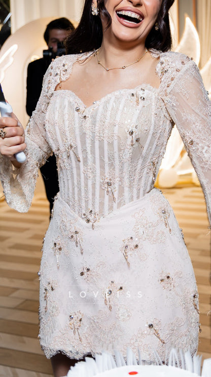 Sweetheart Long Sleeves Beaded Fringe Lace Short Wedding Dress