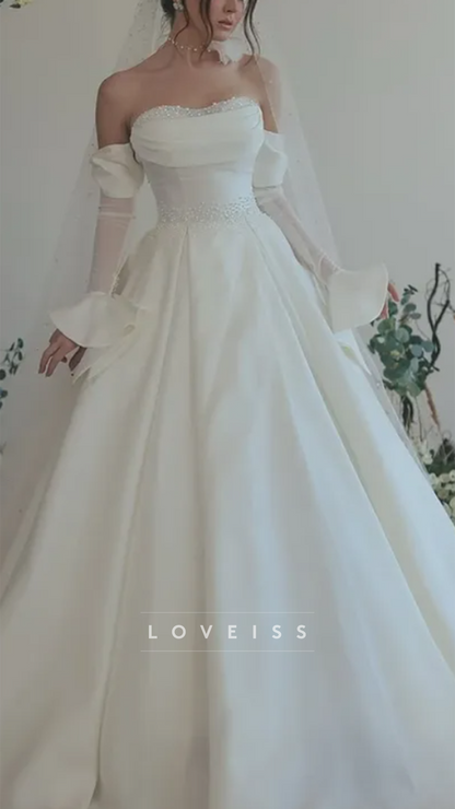 Sweetheart Long Sleeves Beaded Satin A-Line Wedding Dress