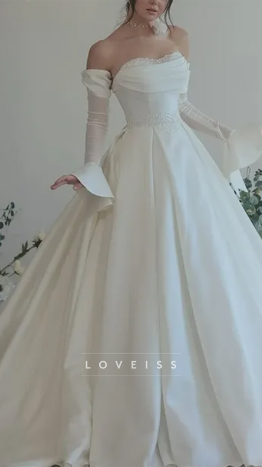 Sweetheart Long Sleeves Beaded Satin A-Line Wedding Dress