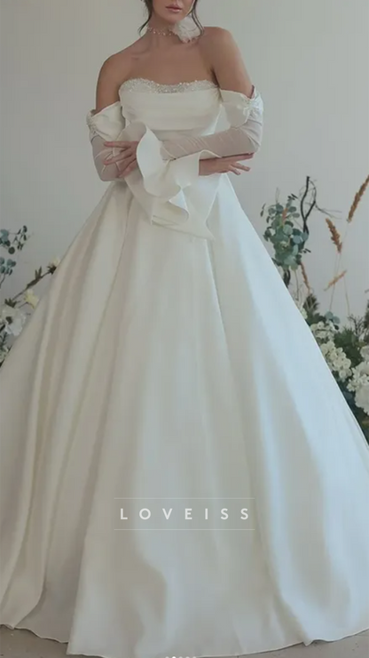 Sweetheart Long Sleeves Beaded Satin A-Line Wedding Dress