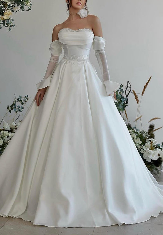 Sweetheart Long Sleeves Beaded Satin A-Line Wedding Dress