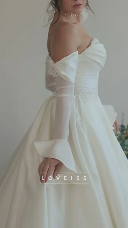 Sweetheart Long Sleeves Beaded Satin A-Line Wedding Dress