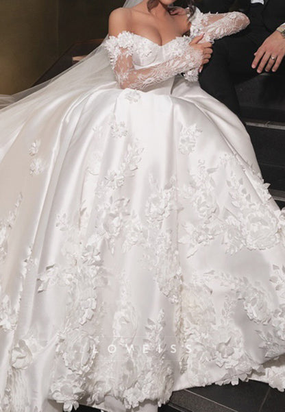 Sweetheart Long Sleeves Floral Appliques A-Line Satin Wedding Dress