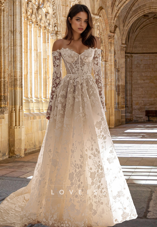 Sweetheart Long Sleeves Floral Appliques A-Line Wedding Dress