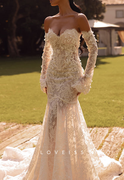 Sweetheart Long Sleeves Floral Appliques Mermaid Wedding Dress