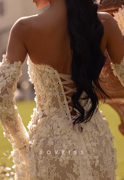 Sweetheart Long Sleeves Floral Appliques Mermaid Wedding Dress