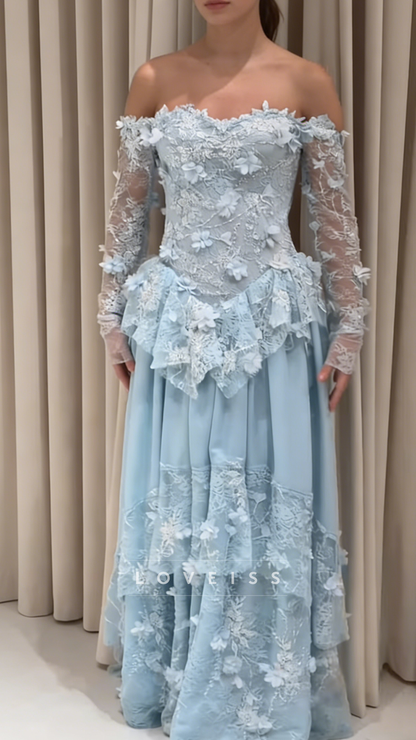 Sweetheart Long Sleeves Floral Embellished A-Line Prom Dress