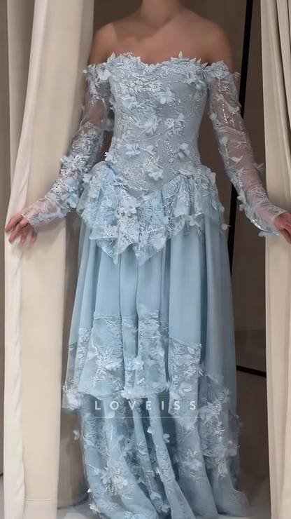 Sweetheart Long Sleeves Floral Embellished A-Line Prom Dress