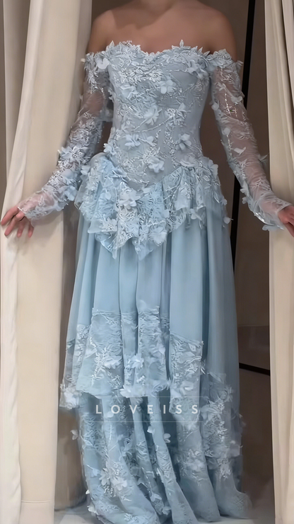 Sweetheart Long Sleeves Floral Embellished A-Line Prom Dress