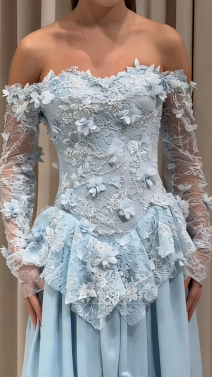 Sweetheart Long Sleeves Floral Embellished A-Line Prom Dress
