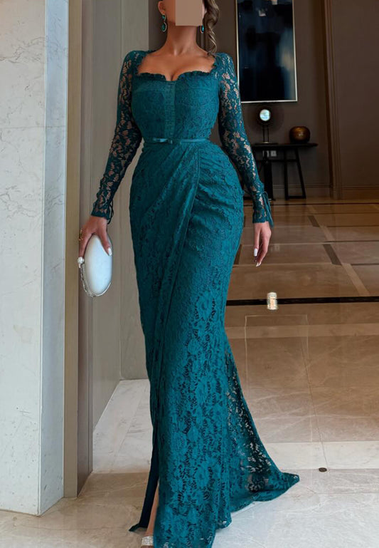 Sweetheart Long Sleeves Floral Lace Appliqes Mermaid Evening Dress