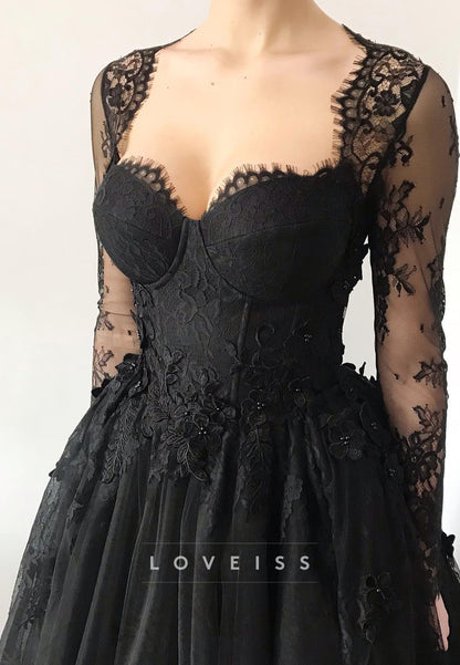 Sweetheart Long Sleeves Lace Appliques A-Line Black Wedding Dress