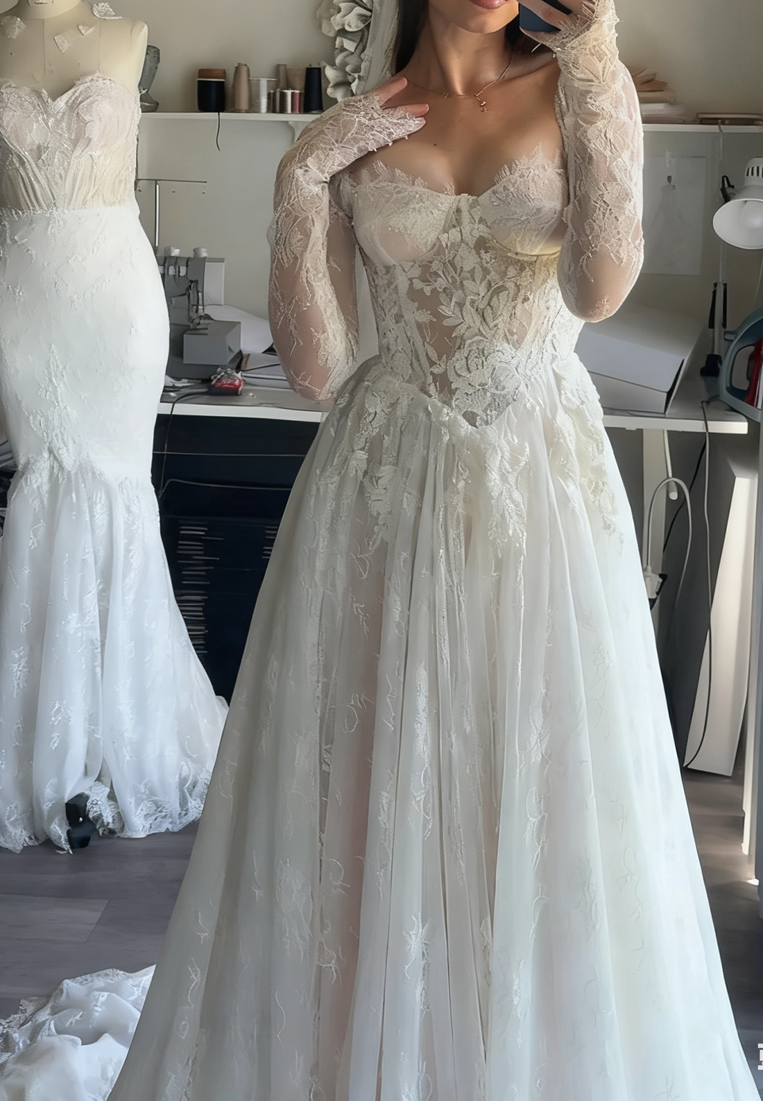 Sweetheart Long Sleeves Lace Appliques A-Line Wedding Dress