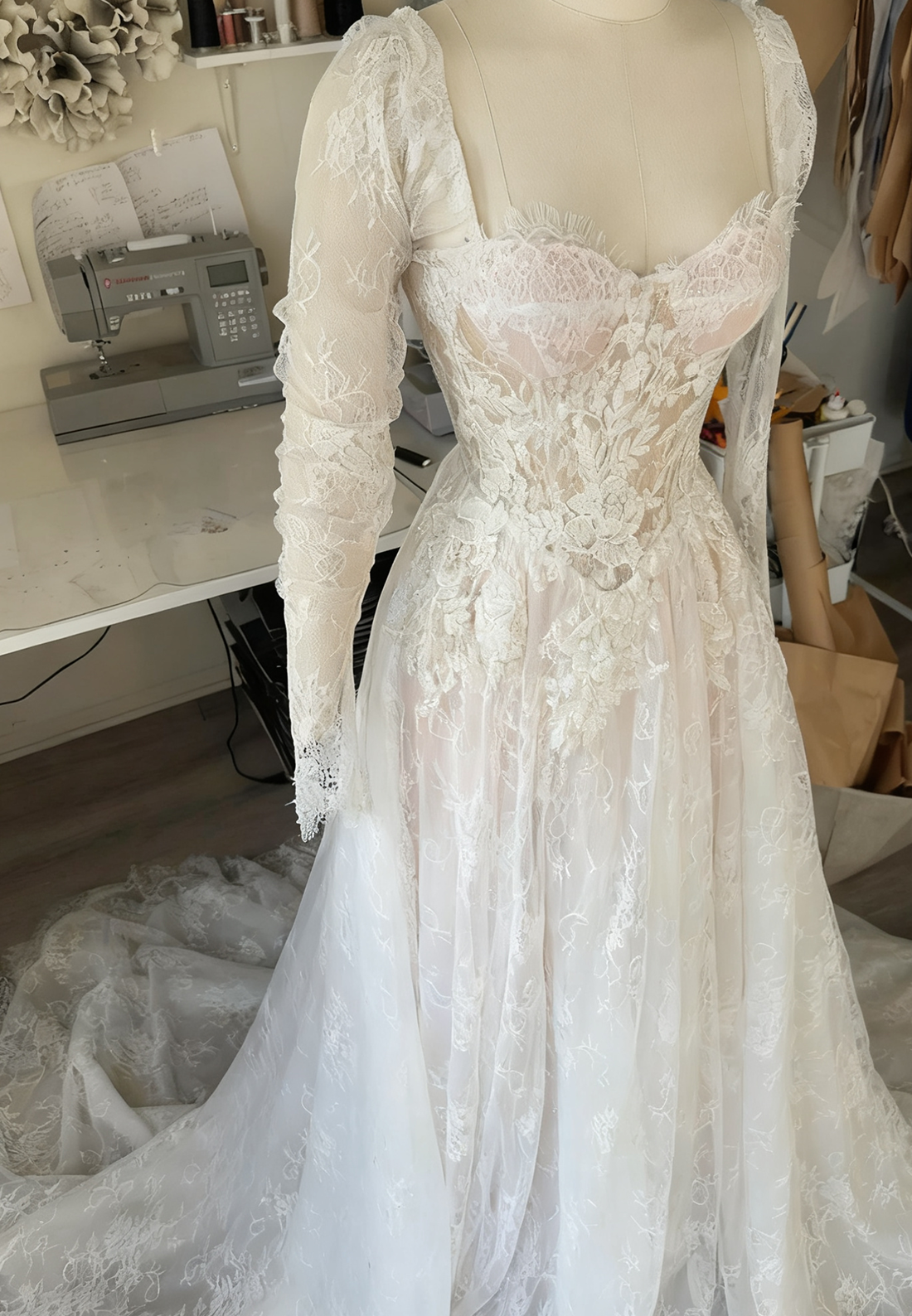 Sweetheart Long Sleeves Lace Appliques A-Line Wedding Dress